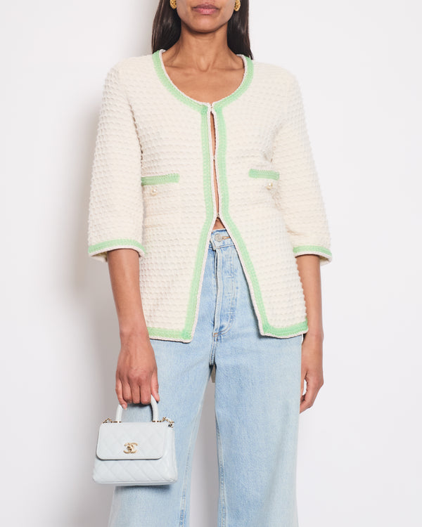 Chanel Cream Cashmere Belted Cardigan With Lilac & Green Woven Trim and Pearl Details Size FR 42 (UK 14)