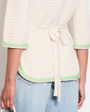 Chanel Cream Cashmere Belted Cardigan With Lilac & Green Woven Trim and Pearl Details Size FR 42 (UK 14)