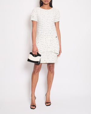 Chanel White & Black Tweed Mini Dress With Frill Detail Skirt Size FR 38 (UK 10)