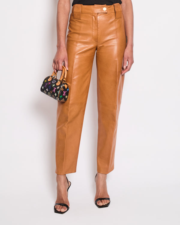 Chanel 01/P Brown Leather Straight Leg Trousers Size FR 38 (UK 10)