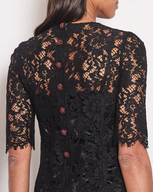 Dolce & Gabbana Black Lace Short Sleeve Dress with Red Crystal Button Details Size IT 40 (UK 8)