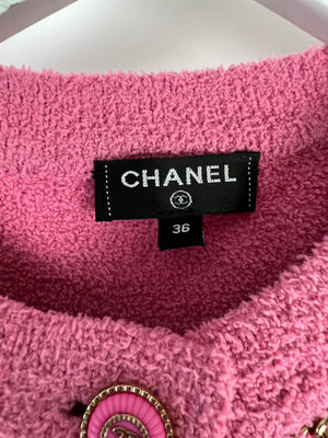 Chanel Pink 20C Cropped Cardigan with Chain Trim Detail and CC Button Detail Size FR 36 (UK 8)