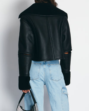 Loewe Black Cropped Shearling Jacket with Collar & Elbow Slit Details Size FR 38 (UK 10)