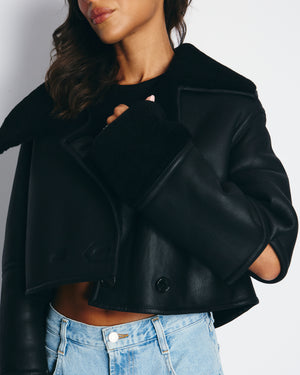 Loewe Black Cropped Shearling Jacket with Collar & Elbow Slit Details Size FR 38 (UK 10)