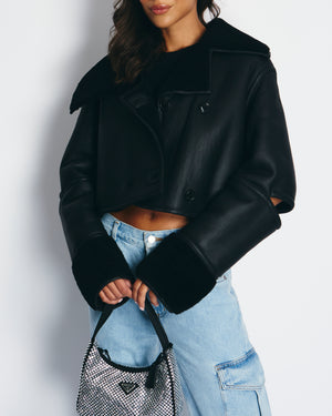 Loewe Black Cropped Shearling Jacket with Collar & Elbow Slit Details Size FR 38 (UK 10)