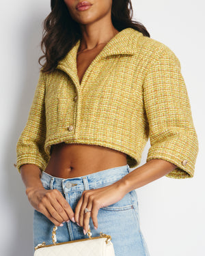 Chanel Yellow Tweed Cropped Jacket with Gold CC Buttons FR 34 (UK 6)