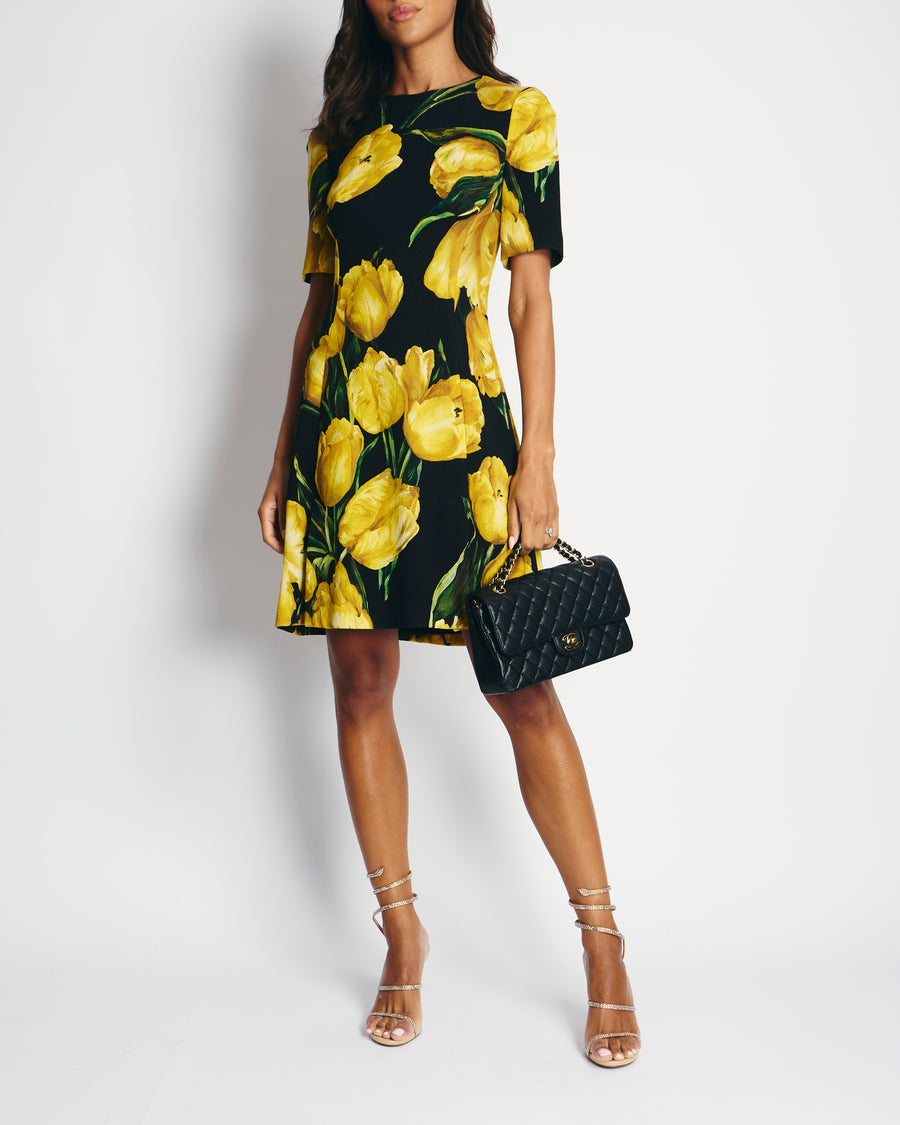 Dolce & Gabbana Black and Yellow Floral Print Short Sleeve Dress IT 40 (UK 8)