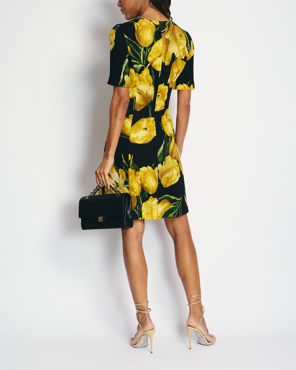 Dolce & Gabbana Black and Yellow Floral Print Short Sleeve Dress IT 40 (UK 8)