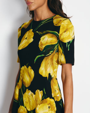 Dolce & Gabbana Black and Yellow Floral Print Short Sleeve Dress IT 40 (UK 8)