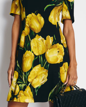 Dolce & Gabbana Black and Yellow Floral Print Short Sleeve Dress IT 40 (UK 8)