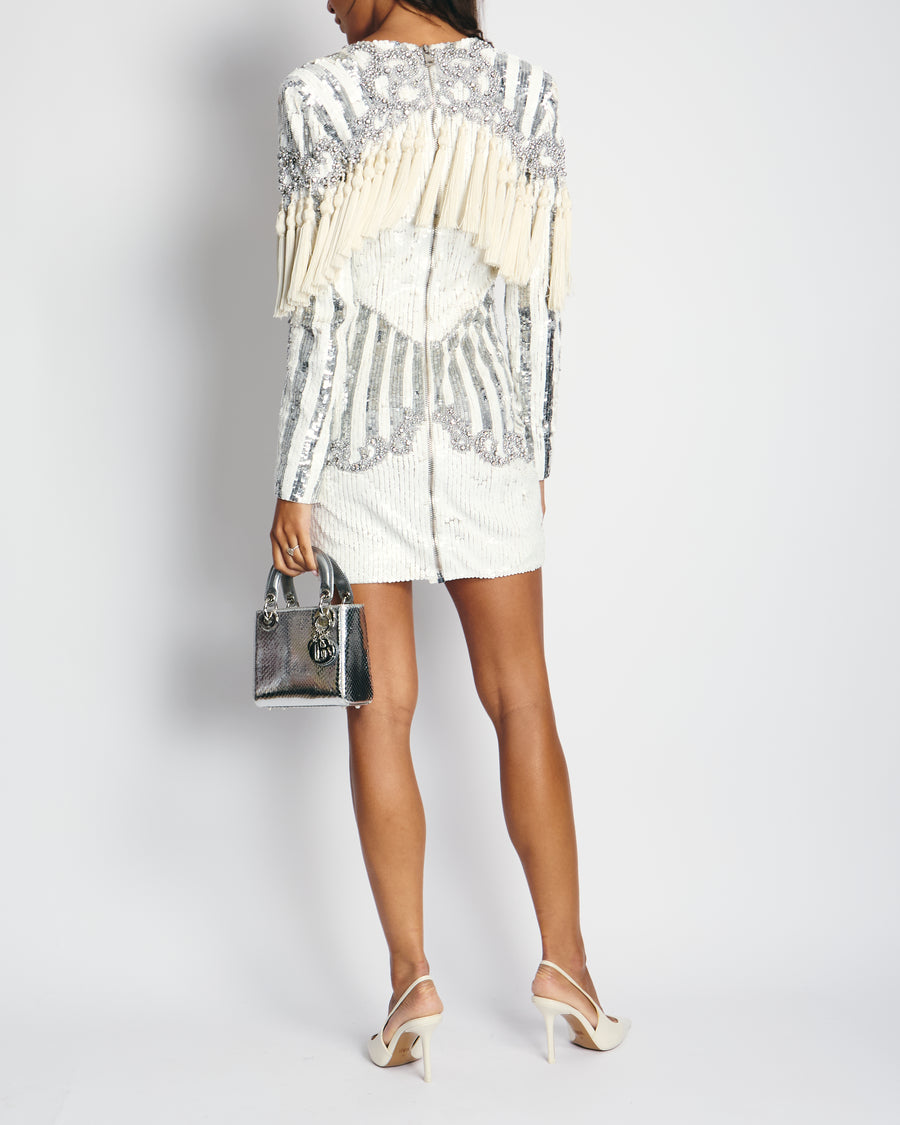 Balmain White and Silver Sequin Embellished Long-Sleeve Mini Dress with Tassel Details Size FR 36 (UK 8)