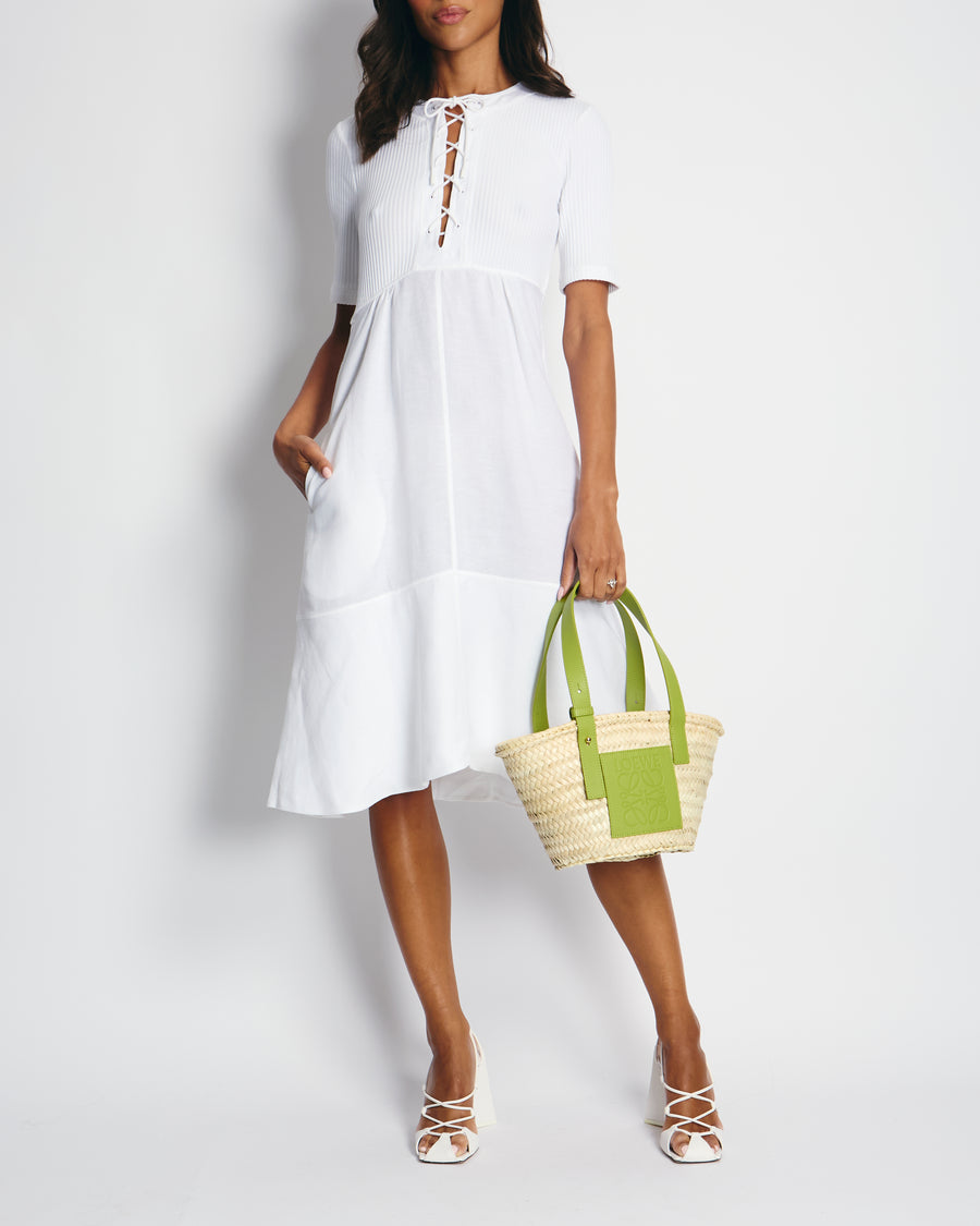 Loewe X Paula's Ibiza White Mid-Sleeve Ribbed Midi Dress with Pockets and Neck Tie Detail FR 38 (UK 10)