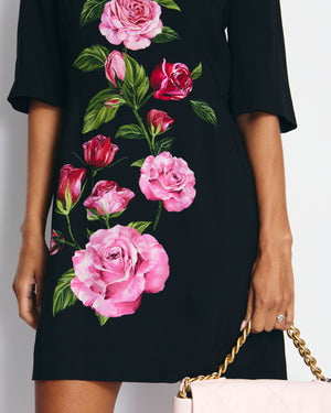 Dolce & Gabbana Black Rose Print Short Sleeve Midi Dress IT 40 (UK 8)