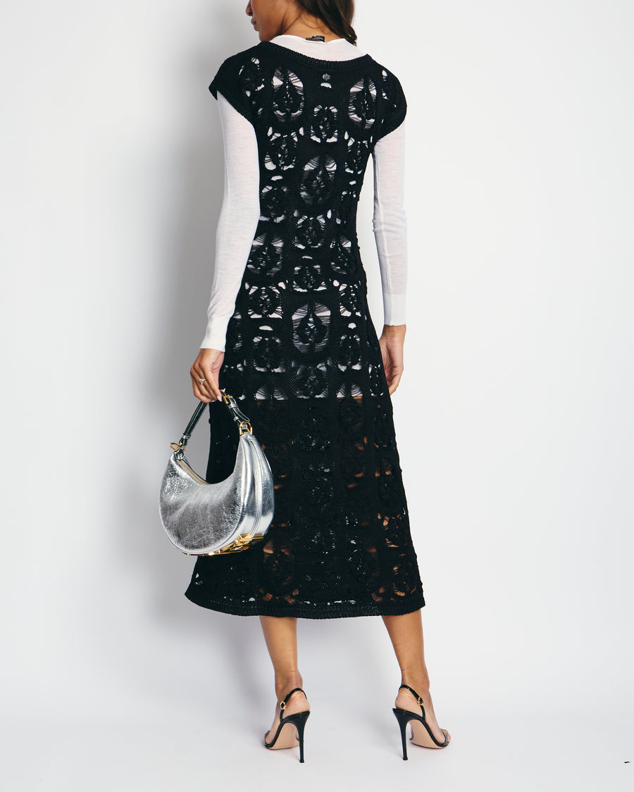 Chanel Black Crochet Short Sleeve Midi Dress with White Long-Sleeve Under-Layer Set Size FR 34 (UK 6)