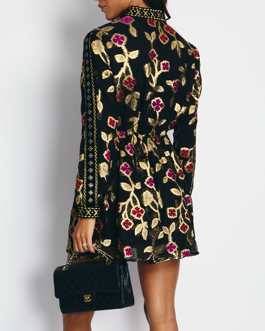 Dodo Bar Or Black & Gold Long Sleeve Mini Dress with Red & Fuchsia Flower Details IT 42 (UK 10)