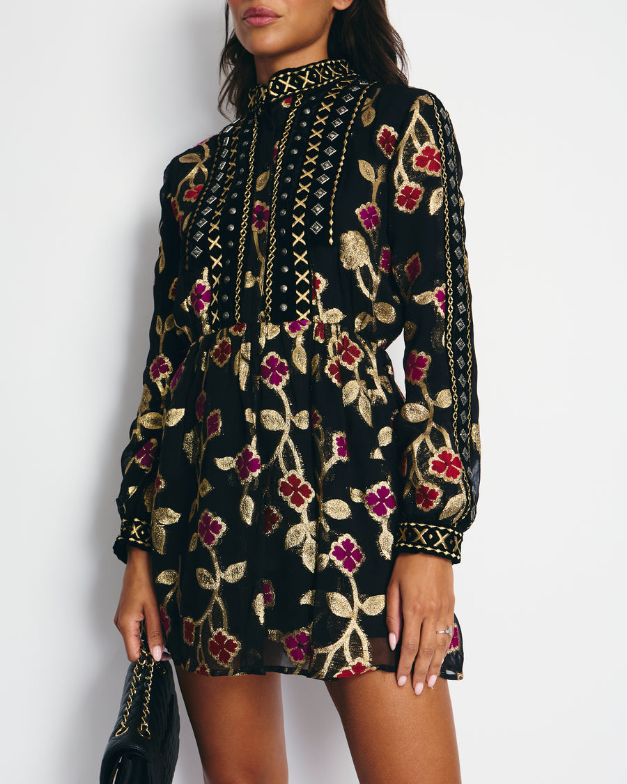 Dodo Bar Or Black & Gold Long Sleeve Mini Dress with Red & Fuchsia Flower Details IT 42 (UK 10)