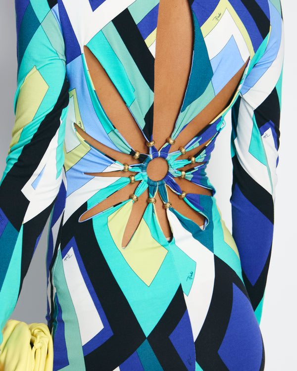 Emilio Pucci Blue, Green and Yellow Long Sleeve Mini Dress with Cut Out Detail IT 44 (UK 12)