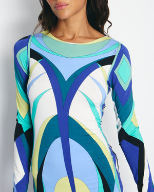 Emilio Pucci Blue, Green and Yellow Long Sleeve Mini Dress with Cut Out Detail IT 44 (UK 12)