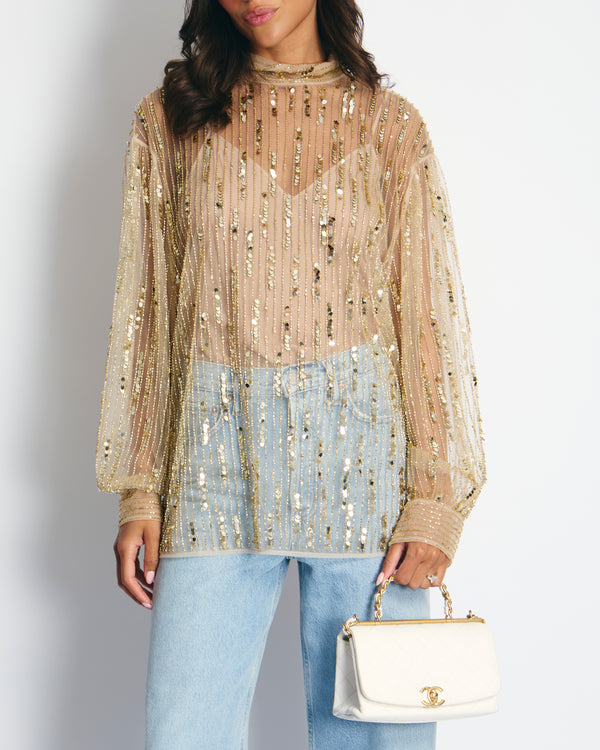 *CURRENT SEASON* Valentino Tulle Sequin Embroidered Long-Sleeve Blouse Size IT 44 (UK 12) RRP £4200