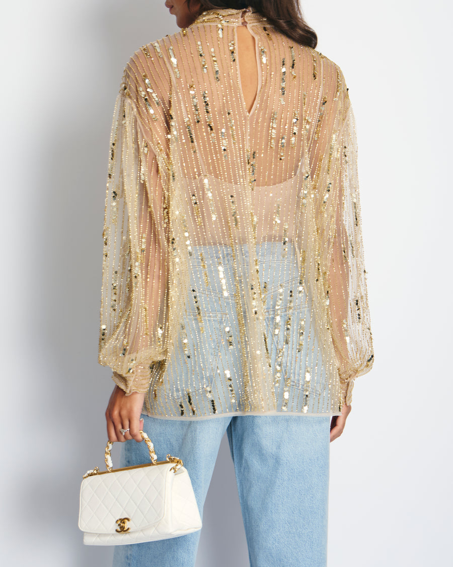 *CURRENT SEASON* Valentino Tulle Sequin Embroidered Long-Sleeve Blouse Size IT 44 (UK 12) RRP £4200