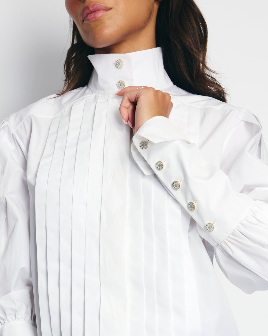 Chanel White Cotton High Neck Pleated Shirt Size FR34 (UK6) RRP £3,720