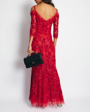 Zuhair Murad Red Sequin Embellished Off-Shoulder Fishtail Gown Size FR 40 (UK 12)