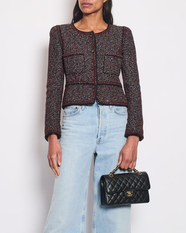 Chanel 02A Navy & Burgundy Multicolour Tweed Long Sleeve Jacket with Brown Buttons Detail Size FR 38 (UK 10)