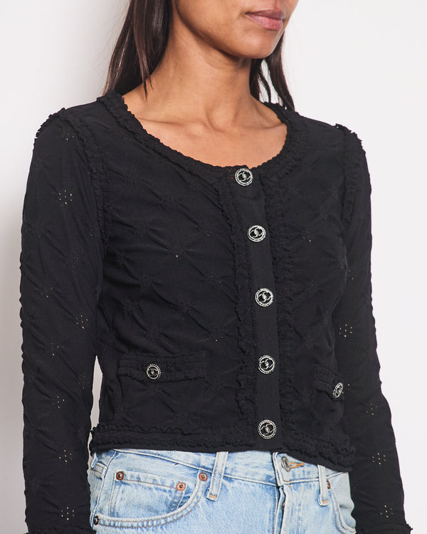 *HOT* Chanel Black Stretch-Jersey Cardigan with Ruthenium CC Buttons Detail Size FR 36 (UK 8)