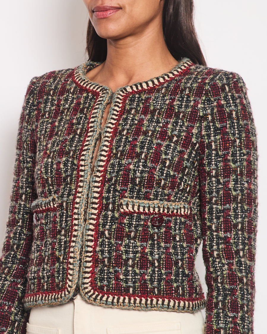 *HOT* Chanel 15K Burgundy & Green Multicolour Wool Tweed Jacket With Burgundy CC Buttons Detail Size FR 36 (UK 8)