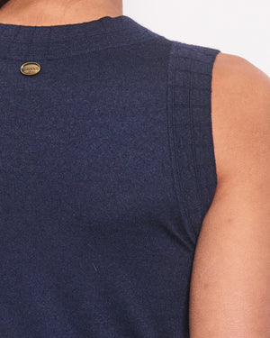 Chanel Navy Cashmere Fine Knit Sleeveless Top With Camelia Pocket Detail FR 36 (UK 8)