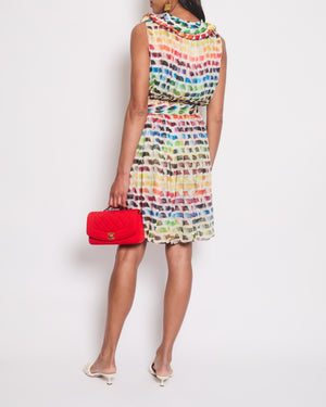 Chanel 2014 Runway Multicolour Pleated Sleeveless Dress with Pleated Collar and Belt Detail Size FR 36 (UK 8)