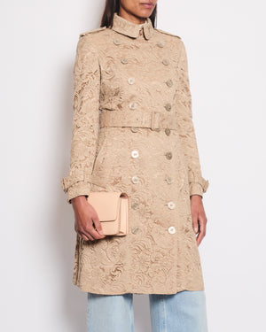 Burberry Beige Lace Trench Coat with Belt and Pearlescent Button Details Size UK 6