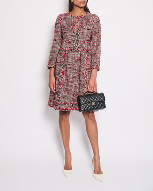 *HOT* Chanel Red, White & Black Tweed Wool Long Sleeve Midi Dress with Pocket Detail Size FR 38 (UK 10)