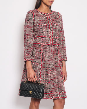 *HOT* Chanel Red, White & Black Tweed Wool Long Sleeve Midi Dress with Pocket Detail Size FR 38 (UK 10)