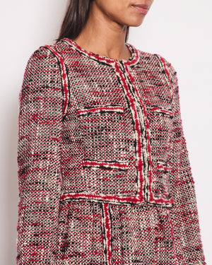 *HOT* Chanel Red, White & Black Tweed Wool Long Sleeve Midi Dress with Pocket Detail Size FR 38 (UK 10)