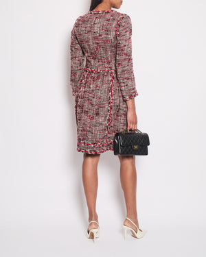 *HOT* Chanel Red, White & Black Tweed Wool Long Sleeve Midi Dress with Pocket Detail Size FR 38 (UK 10)