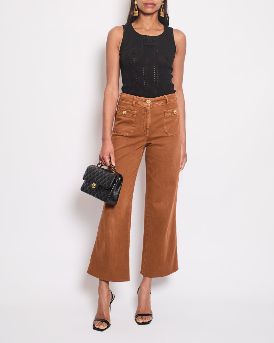 Chanel Rust Brown Denim Wide Leg Jeans With Embellished Button Details Size FR 36 (UK 8)