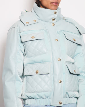 *HOT* Chanel Baby Blue Leather Puffer Jacket with Four Quilted Pockets, Hood and Gold CC Logo Button Details Size FR 36 (UK 8)