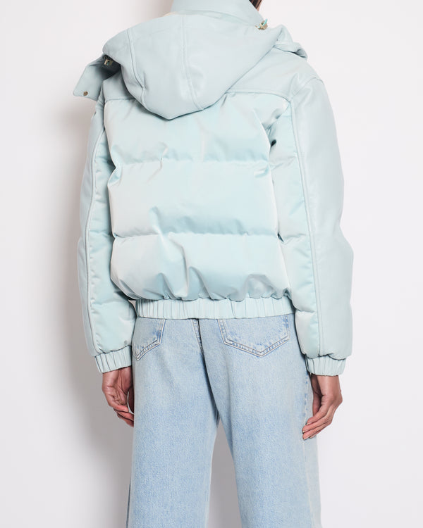 *HOT* Chanel Baby Blue Leather Puffer Jacket with Four Quilted Pockets, Hood and Gold CC Logo Button Details Size FR 36 (UK 8)