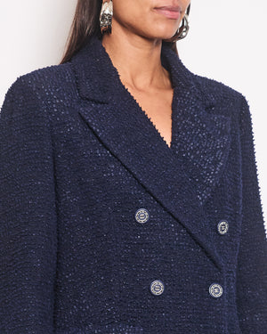 Chanel 19/C Navy Double Breasted Fantasy Tweed Blazer with CC Button Detail Size FR 42 (UK 14)