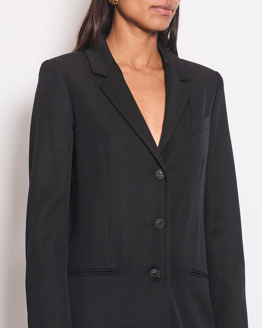 *HOT* Chanel 12C Black Long Line Jacket with Black CC Buttons & Silver Interior Detail FR 34 (UK 6)