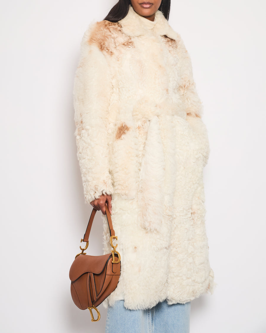 Arma Cream & Beige Reversible Shearling Long Belted Coat Size UK 10 RRP £2000