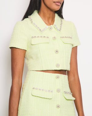 Self-Portrait Lime Green Cropped Short Sleeve Jacket and Skirt Tweed Set with Crystal Embellishment Details Size (UK 8)