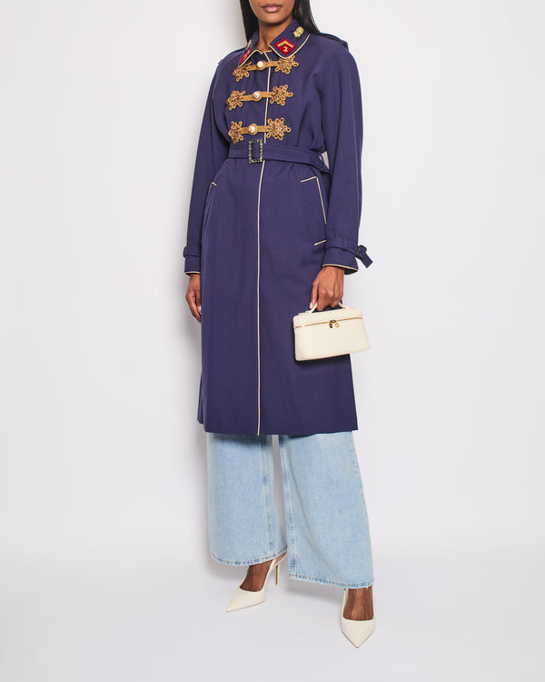 Gucci Navy Military Style Long Jacket With Gold Embroidery and Pearl Buttons Size IT 44 (UK 12)