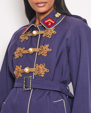 Gucci Navy Military Style Long Jacket With Gold Embroidery and Pearl Buttons Size IT 44 (UK 12)