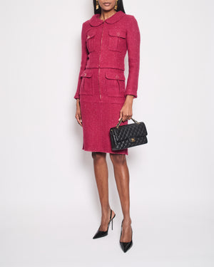 Chanel Pink Metallic Tweed Jacket and Midi Skirt Set with Pocket Detail Size FR 34 (UK 6)