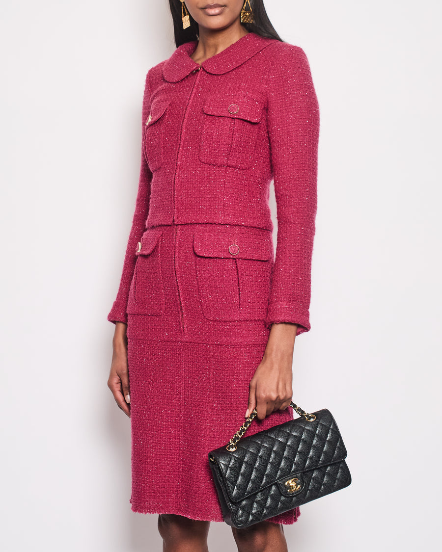 Chanel Pink Metallic Tweed Jacket and Midi Skirt Set with Pocket Detail Size FR 34 (UK 6)