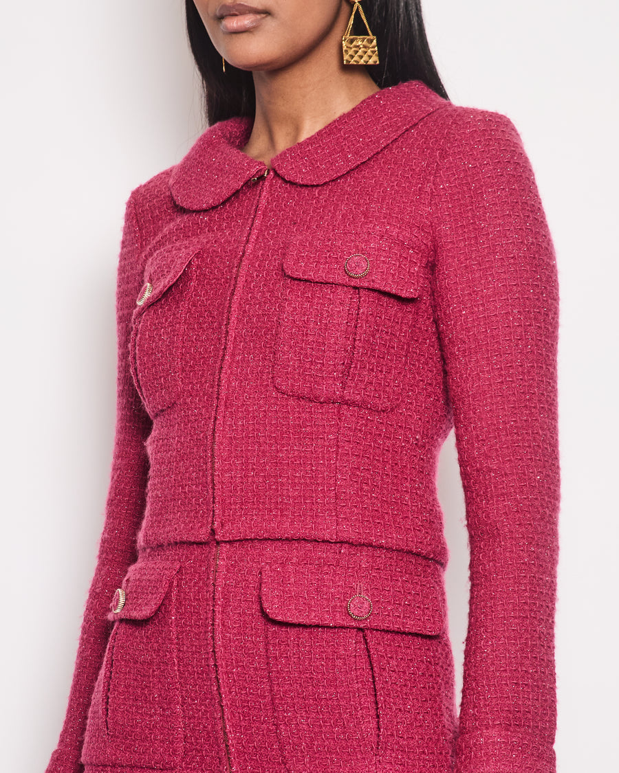 Chanel Pink Metallic Tweed Jacket and Midi Skirt Set with Pocket Detail Size FR 34 (UK 6)