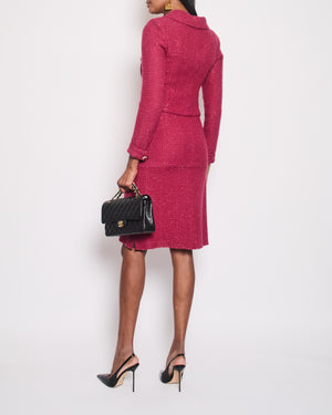 Chanel Pink Metallic Tweed Jacket and Midi Skirt Set with Pocket Detail Size FR 34 (UK 6)