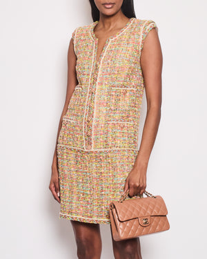 Chanel Yellow, Coral, Blue Metallic Tweed Sleeveless Midi Dress Pocket, Flower Button Detail Size FR 38 (UK 10)